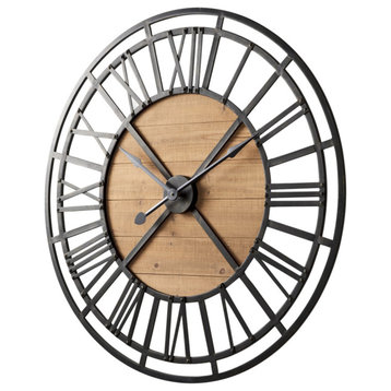 Lewiston Black Iron With Brown Wood 42" Round Wall Clock