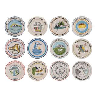 Stoneware Plate Set with Hotel Restaurant Image Styles, Multicolor, Set of 12 - Contemporary - Dinnerware Sets - by Olive Grove | Houzz