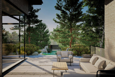 Идея дизайна: летний регулярный сад на внутреннем дворе с камнем в ландшафтном дизайне
