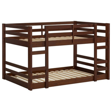 Pemberly Row Low Wood Twin Over Twin Bunk Bed in Walnut Finish