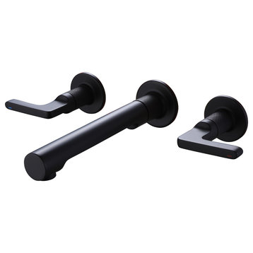 Two Handles Wall Mounted Bathroom Sink Faucet, Solid Brass, Matte Black