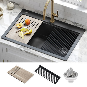 KRAUS Bellucci Workstation 33" Drop-In Granite Composite Kitchen Sink, Black