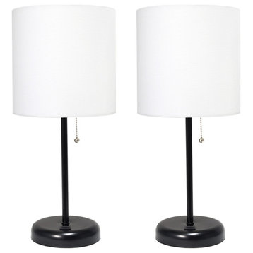Black Stick Lamp With Usb Charging Port/Fabric Shade 2 Pack Set, White