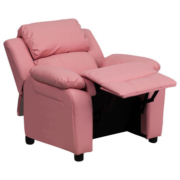 Deluxe Padded Contemporary Pink Vinyl Kids Recliner With Storage Arms