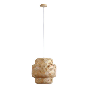 1-Light Farmhouse Hand Woven Bamboo Lantern Pendant Lighting Chandelier, 13.77"