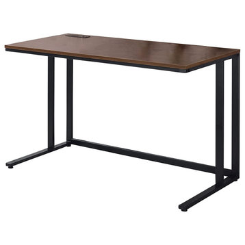 Contemporary Writing Desk, MDF Tabletop With Charging Station, Walnut/Black