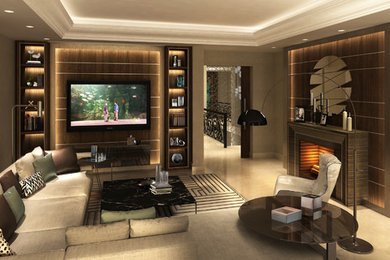 Inspiration for a large contemporary open concept marble floor and beige floor family room remodel in Other with beige walls, a wood stove, a wood fireplace surround and a wall-mounted tv