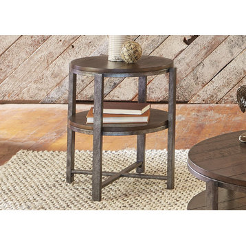 Round End Table, X Shaped Base With Plank Top & Lower Shelf, Medium Brown