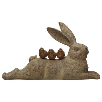 Decorative Resting Rabbit with Birds Figurine, Brown
