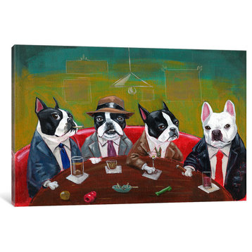 "Three Boston Terriers And A French Bulldog" Wrapped Canvas Print, 40x26x1.5