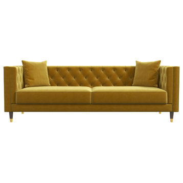 Clark Mid-Century Modern Luxury Tufted Velvet Sofa, Mustard Yellow
