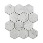 4" Honed Hexagon Carrara White Venato Carrera Marble Mosaic Floor Tile, 1 sheet
