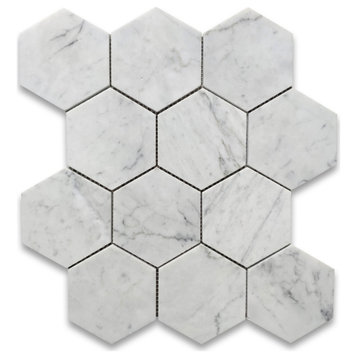 4" Honed Hexagon Carrara White Venato Carrera Marble Mosaic Floor Tile, 1 sheet