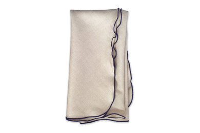 Oatmeal Linen Napkin with Navy Trim, Set of 4, Oatmeal, 6"x6", Cocktail Napkin