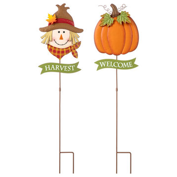 36.25"H Fall Scarecrow & Pumpkin Yard Stake, 2-Piece Set