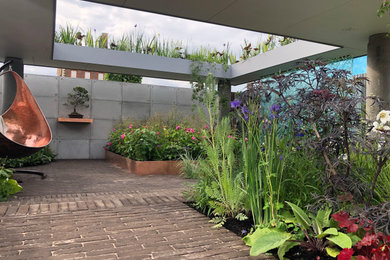 Urban courtyard garden with a waterfall.