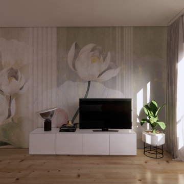 La parete TV diventa elemento decorativo di tutto l'ambiente