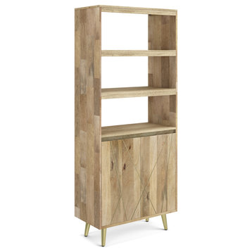 Jager Solid Mango Wood Bookshelf With Doors, Natural