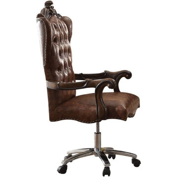 Benzara BM185348 Leather Upholstered Wooden Executive Chair, Cherry Oak Brown