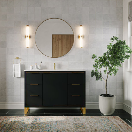 Opulence Bath Vanity, Black Matte, 48", Satin Brass Hardware, Single Sink