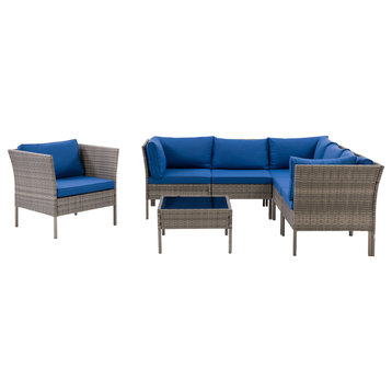 Parksville L, Shaped Patio 7pc Sectional Set, Chair, Blended Gray/Oxford Blue