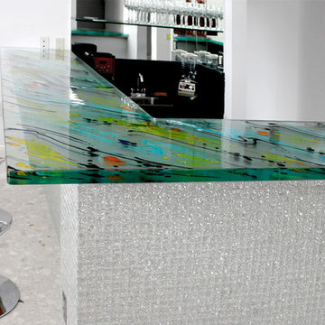 Glass Counter in thick custom glass with color fused into it.
