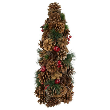 19.25" Green Mixed Foliage and Apple Christmas Cone Tree Tabletop Decor