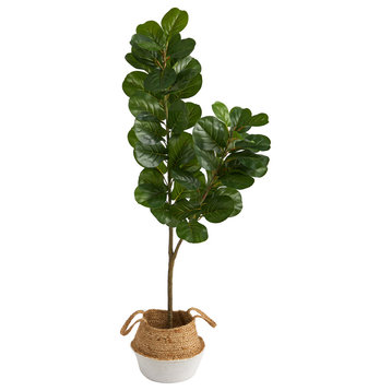 4.5' Fiddle Leaf Fig Faux Tree With Boho Chic Handmade Cotton & Jute Planter