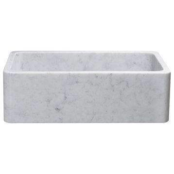33" Farmhouse Kitchen Sink, Single Bowl, Reversible, Carrara White Marble, White