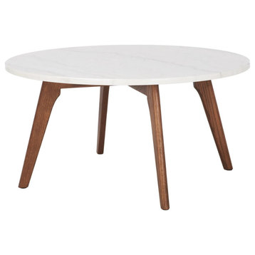 Retro Modern Coffee Table, Walnut Finished Legs and Round White Faux Marble Top