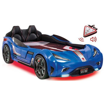 Cilek Kids Room GTS Wood Twin Race Car Bed with Five-Spoke Wheels in Blue