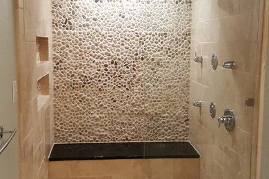 Inspiration for a mid-sized mediterranean master beige tile and stone tile travertine floor bathroom remodel in Austin with shaker cabinets, white cabinets, an undermount sink and soapstone countertops