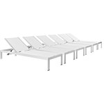 Lexmod - Shore Chaise Outdoor Aluminum, Set of 6, Silver White - Maintain clean lines with the Shore Outdoor Sun Lounger in Mesh. Strong and durable, relax as you choose from four available recline positions or sunbathe while lying flush on Shore's breathable Textilene  mesh. Made with an anodized brushed aluminum frame, Shore is a breeze to assemble, comes with clear wheels for easy mobility on the top end, and non-marking black plastic foot caps under the bottom two support legs. Chic and minimalist, the Shore Outdoor Sun Lounger in Mesh is a piece built to last with the comfort and versatility you've been looking for in an outdoor lounger.