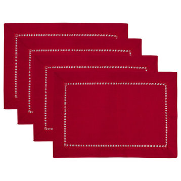 Stylish Solid Color Hemstitched Border Placemat, 13"x19" - Set of 4, Red