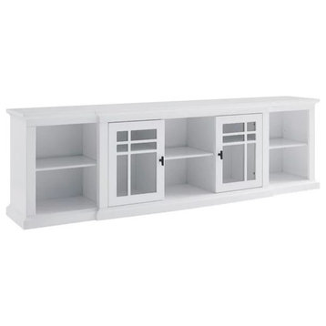 Classic Large TV Stand, Crown Molded Top With Glass Doors and Open Shelves, White