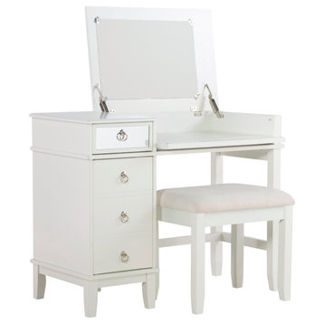 Contemporary Vanity Set, Mirrored Design With Cushioned Stool & Drawer, White