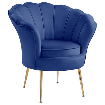Angelina Velvet Scalloped Back Accent Chair with Metal Legs in Blue