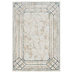 Nourison - Nourison Glitz 3'11" x 5'11" Ivory/Taupe Mid-Century Modern Indoor Area Rug - Transport your living room or bedroom to Hollywood's golden age with this Art Deco rug from the Glitz Collection. The abstract, marble-like pattern is framed by an ornate geometric border in blue and beige, enhanced with a subtly raised texture that adds visual intrigue. Finished with a glamorous sheen that shifts in different light, this contemporary rug is made from softly textured polyester.