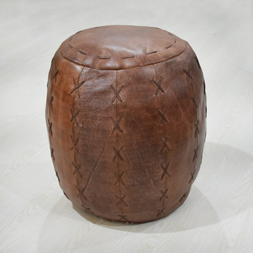 Solid Handmade Buffalo Leather Round Pouf Fibre Fill) Brown Color PF36