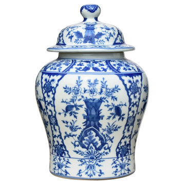 Blue and White Porcelain Chinoiserie Temple Jar 13"
