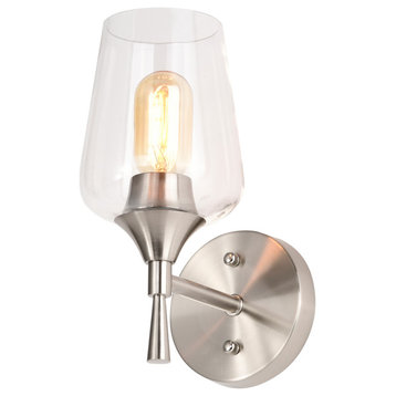 5 in. 1-Light Brushed Nickel Indoor Wall Sconce With Clear Glass Shade