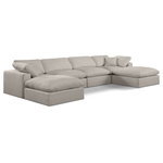 Meridian Furniture - Comfy Upholstered U-Shaped Modular Sectional, Beige, 6-Piece: 2 Armless Chair, 2 Corner Chair, 2 Ottoman, Linen Textured Fabric - Give your space a whole new look with this beige Comfy linen textured fabric sectional. This handsome sectional fits nicely with other items in the Comfy collection and is a versatile seating option designed for adaptability, comfort and style. Wrapped in rich beige durable linen textured fabric upholstery, this sectional offers a plush embrace of overstuffed down feather cushions, carefully crafted to deliver the highest level of comfort. The perfect seat for creating an oasis for relaxation, this sectional has thick foam surrounding its frame for added support and coziness.