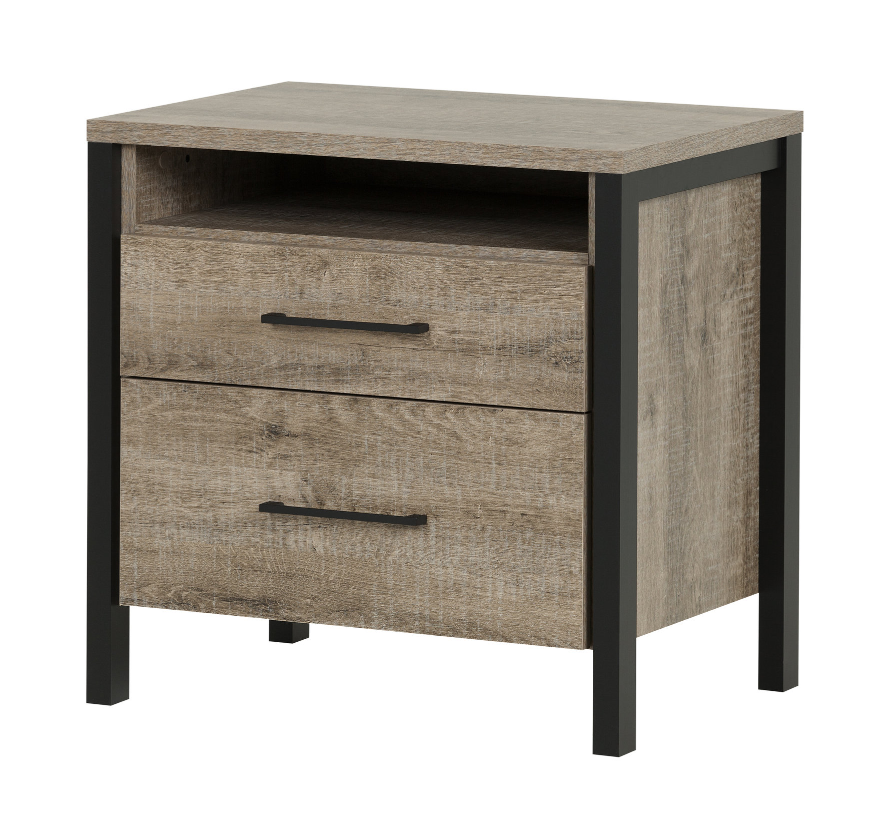South Shore Munich 2-Drawer Nightstand, Weathered Oak And Matte Black