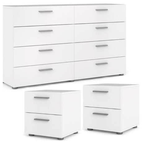 Home Square 3 Piece Double Dresser and Nightstand Bedroom Set in White
