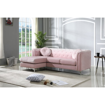 Pompano Velvet Button Tufted Sofa with Chaise, Pink