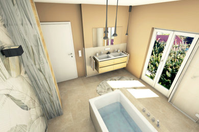 Modernes Badezimmer mit beigen Fliesen in Sonstige