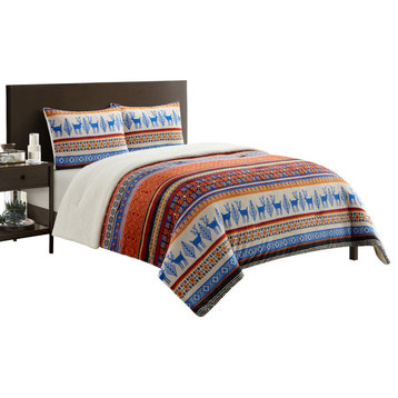 Noelle 3 Piece Sherpa Comforter Bed Set, Multi-Color, Elk Animal Print, Queen