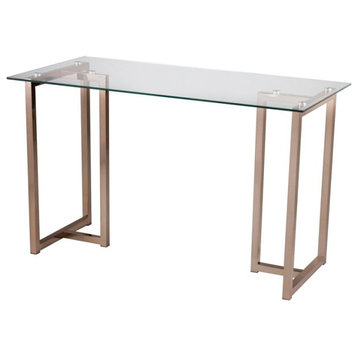 Contemporary Desk, Champagne Finished Metal Base With Clear Tempered Glass Top