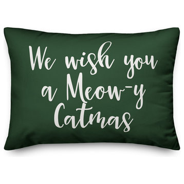 We Wish You A Meowy Catmas, Dark Green 14x20 Lumbar Pillow