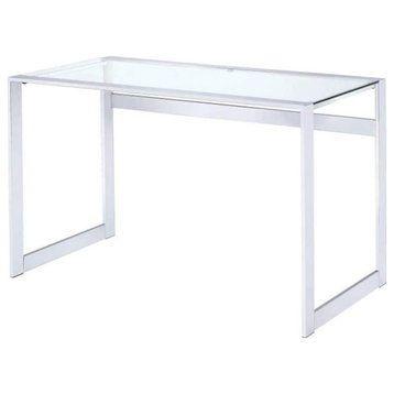 Elegant Modern Desk, Chrome Finished Metal Frame With Clear Tempered Glass Top